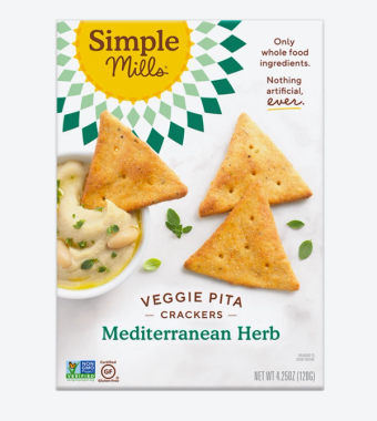 Simple Mills , Simple Mills Mediterranean Herb Veggie Pita Crackers 4.25 oz, barcode: 0856069005599, has 0 potentially harmful, 1 questionable, and
0 added sugar ingredients.