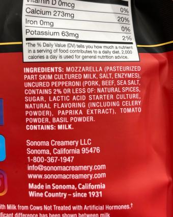 Sonoma Creamery Llc, Pepperoni Pizza Crisps, barcode: 0023278501017, has 0 potentially harmful, 2 questionable, and
    1 added sugar ingredients.