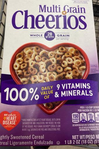 Cheerios, Cheerios Family Size Multi Grain Cereal 18 oz, barcode: 0016000168756, has 1 potentially harmful, 3 questionable, and
2 added sugar ingredients.