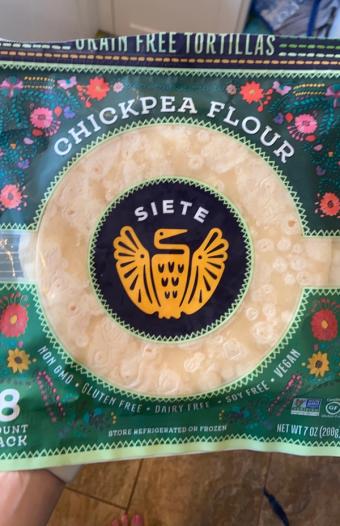 Siete, Siete Chickpea Flour Grain Free Tortillas 8 ea, barcode: 0865336000052, has 0 potentially harmful, 1 questionable, and
    0 added sugar ingredients.