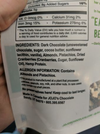 Jojo's, Jojo's Original Chocolate Bites 10 ea, barcode: 0868089000485, has 0 potentially harmful, 1 questionable, and
    1 added sugar ingredients.