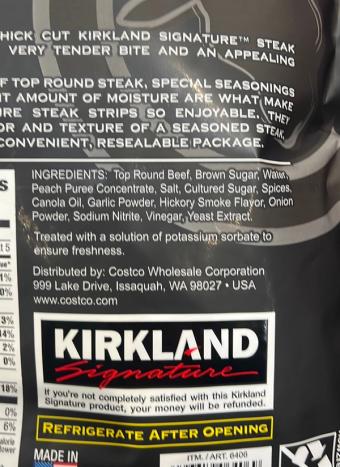 Kirkland Signature, Steak Strips, barcode: 0096619064069, has 2 potentially harmful, 1 questionable, and
2 added sugar ingredients.