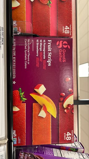 Target Stores, FRUIT STRIPS VARIETY PACK, POMEGRANATE, MANGO, STRAWBERRY, barcode: 0085239041017, has 0 potentially harmful, 1 questionable, and
    0 added sugar ingredients.