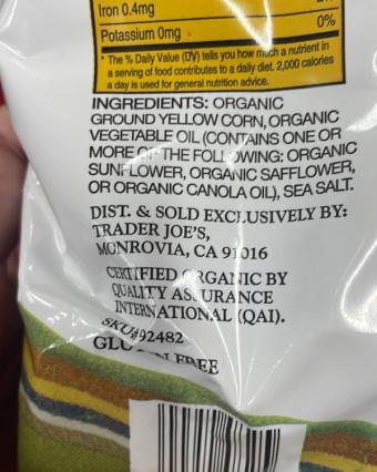 Trader Joe's, Organic corn chip dippers, barcode: 0000000924825, has 2 potentially harmful, 1 questionable, and
0 added sugar ingredients.