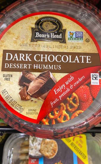 Boar's Head, Dark Chocolate Dessert Hummus, barcode: 0042421162165, has 0 potentially harmful, 1 questionable, and
    1 added sugar ingredients.