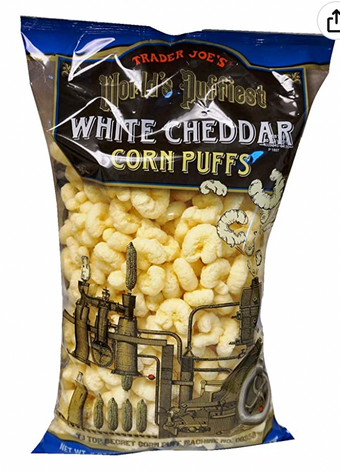 Trader Joe's, Trader Joe's World’s Puffiest White Cheddar Corn Puffs, barcode: 0880825345391, has 1 potentially harmful, 6 questionable, and
    0 added sugar ingredients.