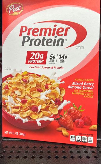 Premier Protein, Premier Protein Mixed Berry Almond Cereal 11 Oz, barcode: 0884912377487, has 1 potentially harmful, 2 questionable, and
    1 added sugar ingredients.