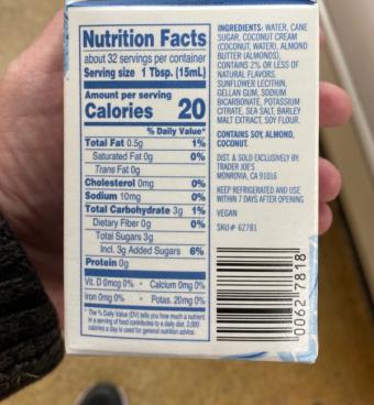 Trader Joe's, Coconut & Almond Creamer, barcode: 0000000627818, has 0 potentially harmful, 2 questionable, and
1 added sugar ingredients.