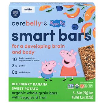 Cerebelly, Cerebelly Peppa Pig Blueberry/Banana/Sweet Potato Smart Bars 5 - 0.84 oz Bars, barcode: 0850003898544, has 0 potentially harmful, 2 questionable, and
    0 added sugar ingredients.