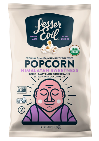 Lesser Evil, Himalayan Sweetness Organic Popcorn, barcode: 0180999001025, has 0 potentially harmful, 1 questionable, and
    2 added sugar ingredients.