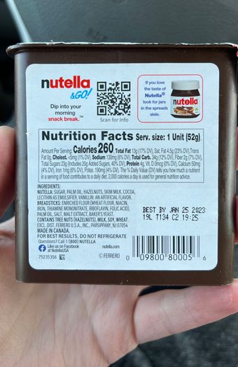 Ferrero U.s.a., Incorporated, HAZELNUT SPREAD + BREADSTICKS, HAZELNUT, barcode: 0009800800056, has 0 potentially harmful, 3 questionable, and
2 added sugar ingredients.