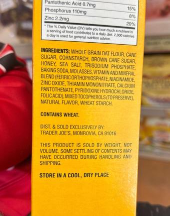 Trader Joe's, Honey O's, barcode: 0000000385527, has 1 potentially harmful, 2 questionable, and
    3 added sugar ingredients.