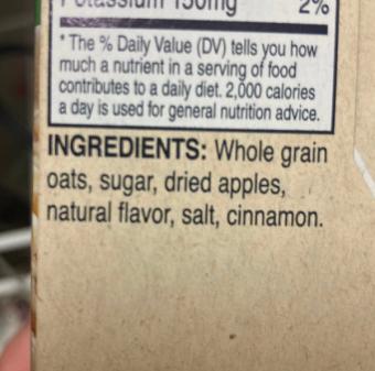 Quaker, Apple cinnamon oatmeal, barcode: 0030000567296, has 0 potentially harmful, 1 questionable, and
    1 added sugar ingredients.