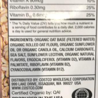 Kirkland Signature, Kirkland Signature Organic Non-Dairy Oat Beverage, barcode: 0096619237494, has 1 potentially harmful, 3 questionable, and
0 added sugar ingredients.