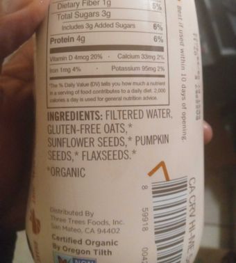 Three Trees, Oat & Seed Milk Organic, barcode: 0859918004293, has 0 potentially harmful, 0 questionable, and
    0 added sugar ingredients.