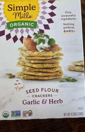 Simple Mills , Simple Mills Organic Garlic & Herb Seed Flour Crackers 4.25 oz Box, barcode: 0856069005766, has 0 potentially harmful, 1 questionable, and
    0 added sugar ingredients.