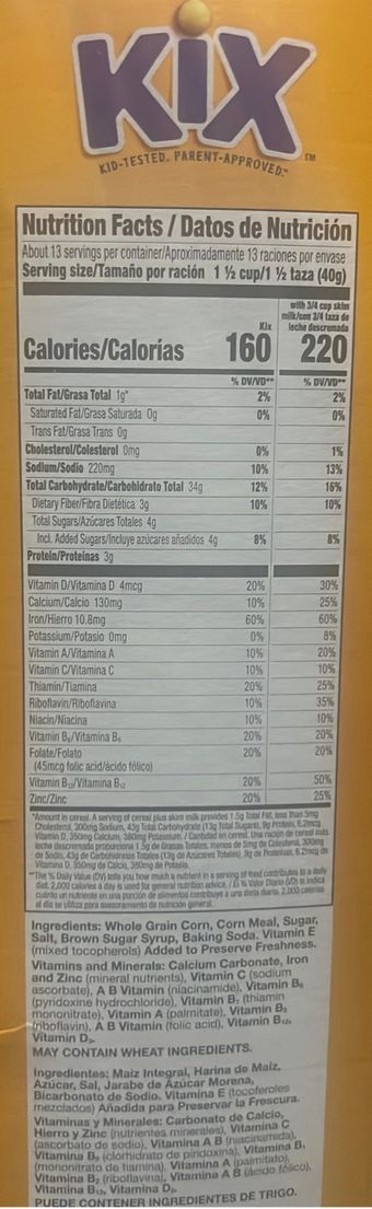 Kix, Kix Family Size Cereal 18 Oz, barcode: 0016000171046, has 0 potentially harmful, 1 questionable, and
    2 added sugar ingredients.