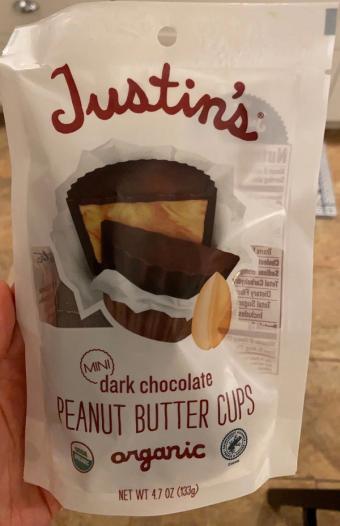 Justin's, Llc, DARK CHOCOLATE ORGANIC MINI PEANUT BUTTER CUPS, DARK CHOCOLATE, barcode: 0855188003974, has 0 potentially harmful, 3 questionable, and
    1 added sugar ingredients.