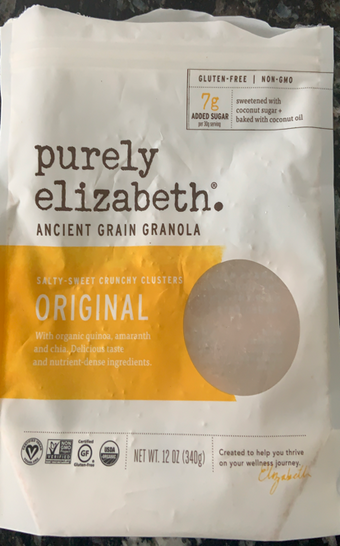 Purely Elizabeth , CRANBERRY PECAN ANCIENT GRAIN GRANOLA, CRANBERRY PECAN, barcode: 0855140002205, has 0 potentially harmful, 1 questionable, and
    2 added sugar ingredients.