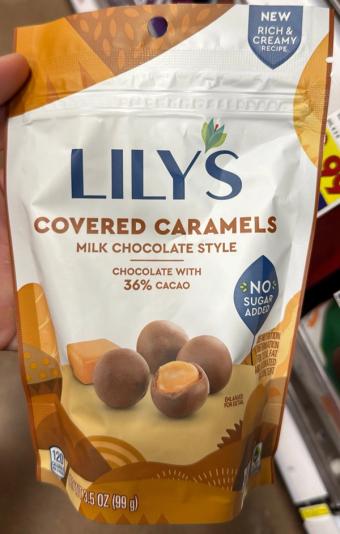 Lily's, Lily's Milk Chocolate Style Covered Caramels 3.5 Oz, barcode: 0810003460561, has 0 potentially harmful, 5 questionable, and
    0 added sugar ingredients.