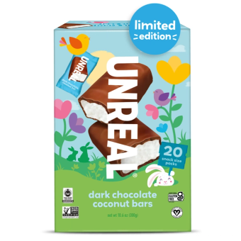 Unreal, Unreal Easter dark chocolate coconut bars, barcode: 0857484006741, has 0 potentially harmful, 0 questionable, and
    2 added sugar ingredients.