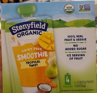 Stonyfield, Stonyfield Organic Dairy Free Tropical Twist Smoothie 4-3.2 oz pouches Box, barcode: 0052159704575, has 0 potentially harmful, 0 questionable, and
    0 added sugar ingredients.