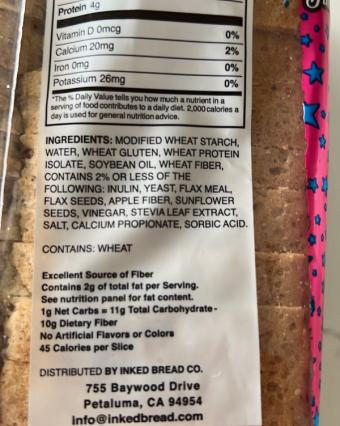 Inked Organics, Inked Keto Timber Wolf Keto Seeds Bread, barcode: 0856711007155, has 2 potentially harmful, 1 questionable, and
    0 added sugar ingredients.