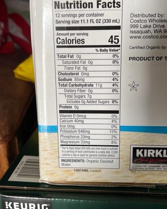 Kirkland Signature, Organic Coconut Water, barcode: 0096619141951, has 0 potentially harmful, 0 questionable, and
    0 added sugar ingredients.