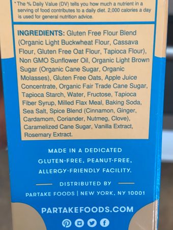 Partake, Partake Soft Cookie Butter Cookies 5.5 oz, barcode: 0852761007343, has 0 potentially harmful, 1 questionable, and
    6 added sugar ingredients.