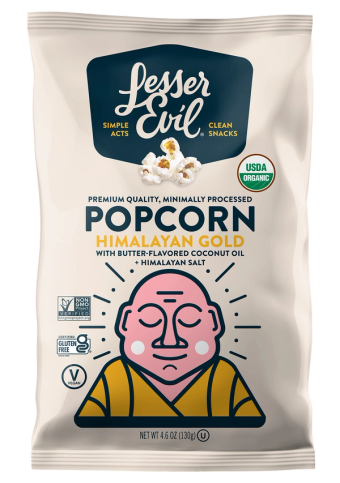 Lesser Evil, Himalayan Gold Organic Popcorn, barcode: 0855469006557, has 0 potentially harmful, 0 questionable, and
    0 added sugar ingredients.