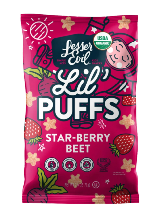 Lesser Evil, Lesser Evil Star-berry beet Lil' Puffs, barcode: 0180999000288, has 0 potentially harmful, 3 questionable, and
    1 added sugar ingredients.