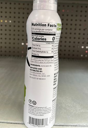 Chosen Foods, Llc , 100% PURE AVOCADO OIL SPRAY, barcode: 0853807005033, has 0 potentially harmful, 0 questionable, and
    0 added sugar ingredients.