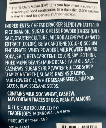 Trader Joe's, Trail Mix Crackers With Mung Beans, Seeds, Cashews, Raisins, & Cheese , barcode: 0000000654111, has 1 potentially harmful, 4 questionable, and
    2 added sugar ingredients.