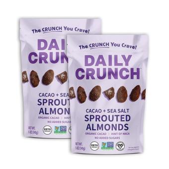 Daily Crunch, Daily Crunch Cacao and Sea Salt Sprouted Almonds, barcode: 850017973015, has 0 potentially harmful, 0 questionable, and
    1 added sugar ingredients.
