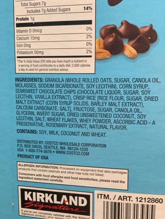 Costco Companies Inc., Costco Soft and Chewy Granola Bars, barcode: 0096619313945, has 2 potentially harmful, 2 questionable, and
7 added sugar ingredients.