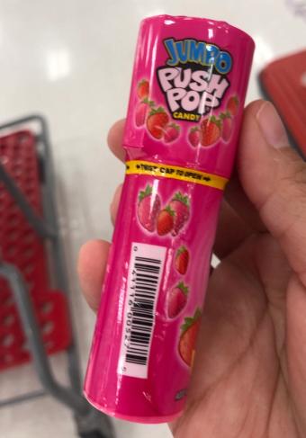 Push Pop, Push Pop Jumbo Strawberry Candy 1.06 Oz, barcode: 0041116005275, has 2 potentially harmful, 1 questionable, and
    2 added sugar ingredients.