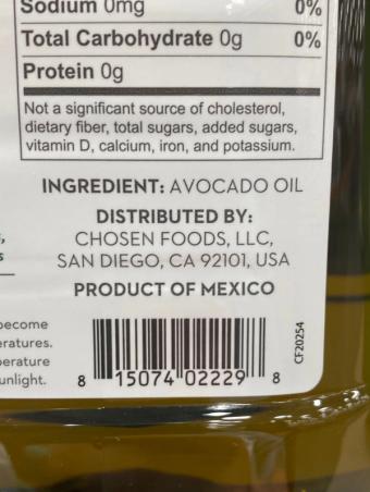 Chosen Foods, Avocado oil, barcode: 0815074022298, has 0 potentially harmful, 0 questionable, and
    0 added sugar ingredients.