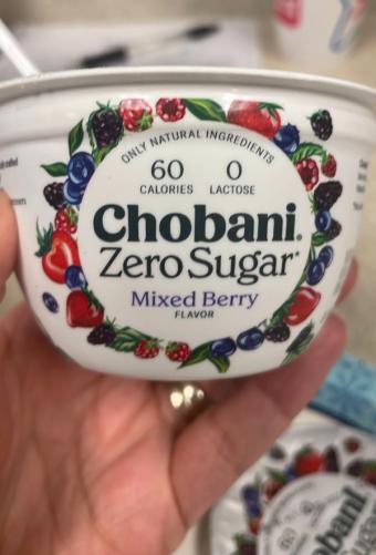 Chobani, Chobani Zero Sugar Mixed Berry Flavor Yogurt-Cultured 5.3 oz, barcode: 0818290018304, has 0 potentially harmful, 5 questionable, and
    2 added sugar ingredients.