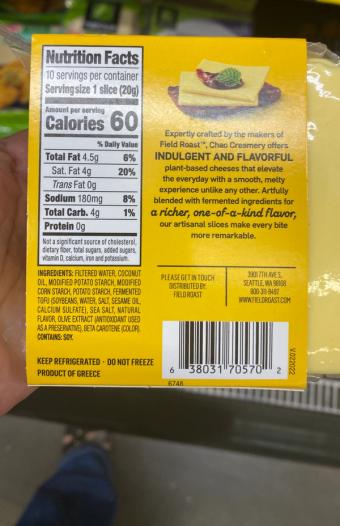 Greenleaf Foods, Spc, CREAMY ORIGINAL WITH CHAO TOFU CHAO SLICES, CREAMY ORIGINAL WITH CHAO TOFU, barcode: 0638031705702, has 0 potentially harmful, 2 questionable, and
0 added sugar ingredients.