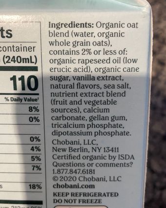 Chobani, Chobani Vanilla Oat Drink 52 fl oz, barcode: 0818290016997, has 1 potentially harmful, 3 questionable, and
    1 added sugar ingredients.