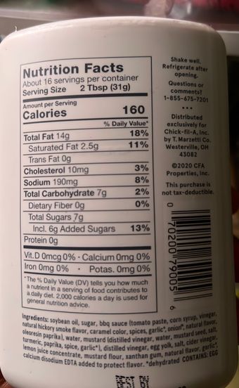 Chick-fil-a, Chick-Fil-A Sauce 16 fl oz, barcode: 0070200790056, has 2 potentially harmful, 4 questionable, and
    2 added sugar ingredients.
