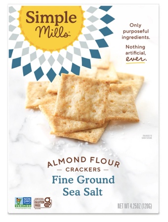 Simple Mills , Simple Mills Family Size Almond Flour Sea Salt Crackers 7 Oz, barcode: 0856069005919, has 0 potentially harmful, 1 questionable, and
    0 added sugar ingredients.