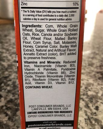 Post Consumer Brands, Llc, HONEY ROASTED CEREAL, HONEY ROASTED, barcode: 0884912014269, has 4 potentially harmful, 1 questionable, and
    4 added sugar ingredients.