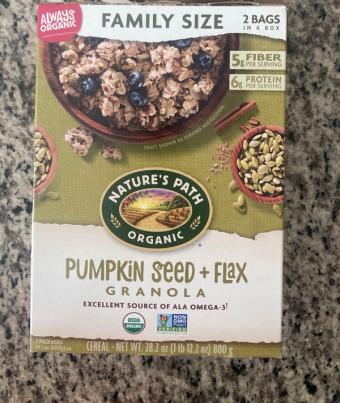 Nature's Path Organic, Nature's Path Organic Always Organic Family Size Pumpkin Seed + Flax Granola Cereal 2 Ea, barcode: 0058449211303, has 1 potentially harmful, 0 questionable, and
    2 added sugar ingredients.