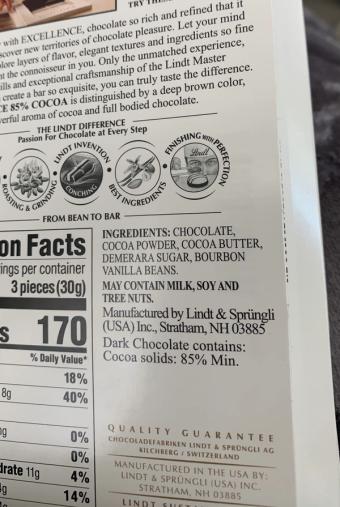 Lindt & Sprungli (schweiz) Ag, 85% COCOA DARK CHOCOLATE, barcode: 0037466016450, has 0 potentially harmful, 0 questionable, and
    1 added sugar ingredients.