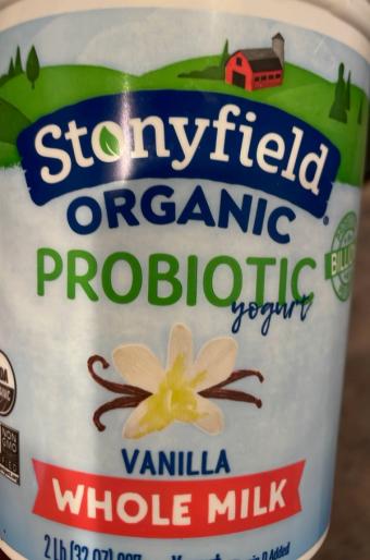 Stonyfield Farm Inc, VANILLA WHOLE MILK PROBIOTIC YOGURT, VANILLA, barcode: 0052159000028, has 0 potentially harmful, 1 questionable, and
    1 added sugar ingredients.