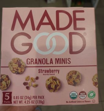Made Good, Made Good Minis Strawberry Granola Minis 5 - 0.85 oz, barcode: 0687456223537, has 0 potentially harmful, 2 questionable, and
    3 added sugar ingredients.