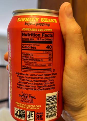 Fizzy & Gutzy, Culture pop soda, barcode: 0850017346024, has 0 potentially harmful, 1 questionable, and
    1 added sugar ingredients.