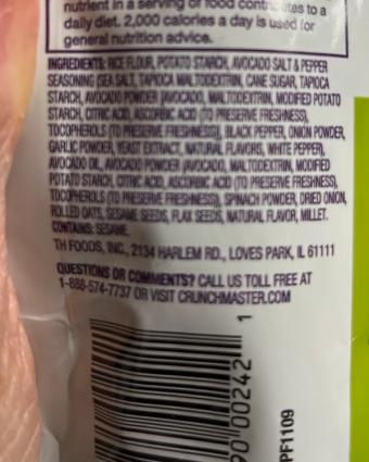 Crunchmaster, Avacado Toast salt and pepper, barcode: 0879890002421, has 1 potentially harmful, 2 questionable, and
    1 added sugar ingredients.