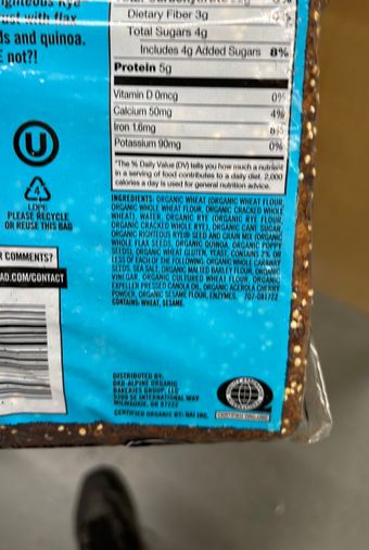 Dave's Killer Bread, Dave's Killer Bread Righteous Rye Bread, Organic Rye Bread, 27 oz Loaf, barcode: 0013764028302, has 1 potentially harmful, 0 questionable, and
1 added sugar ingredients.